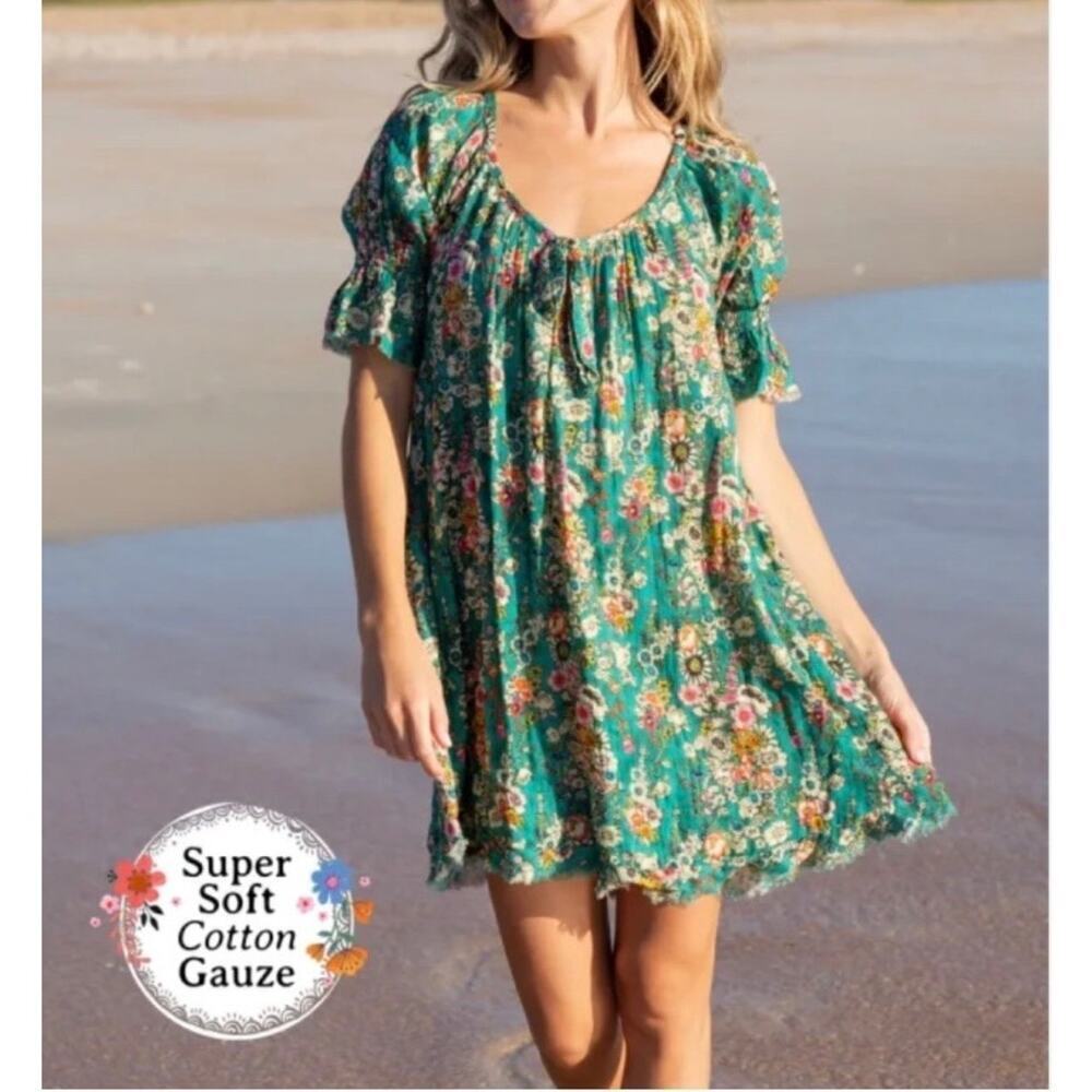 Natural Life Sz XS/S Sienna Cotton Gauze Mini Dress Green Floral Boho